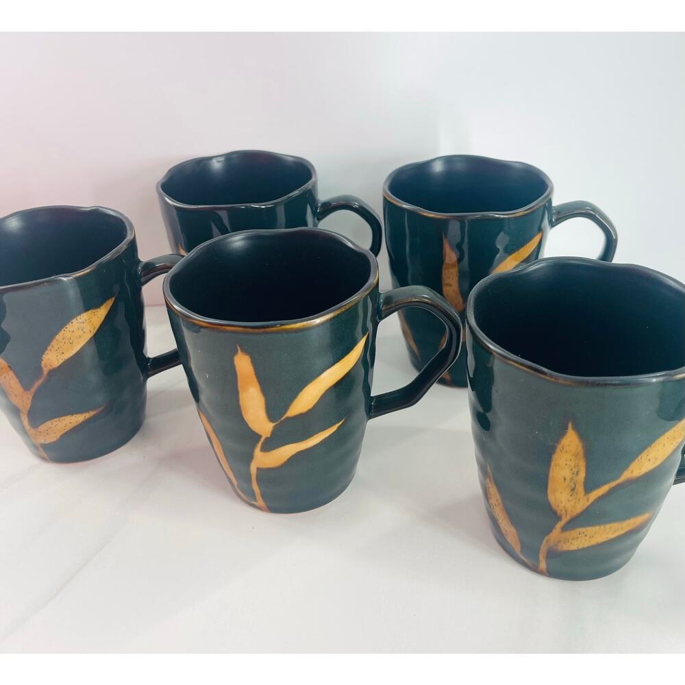Dakara by PIER 1 Set of 5 Coffee Mugs Forrest Green with Yellow Rust Leaves